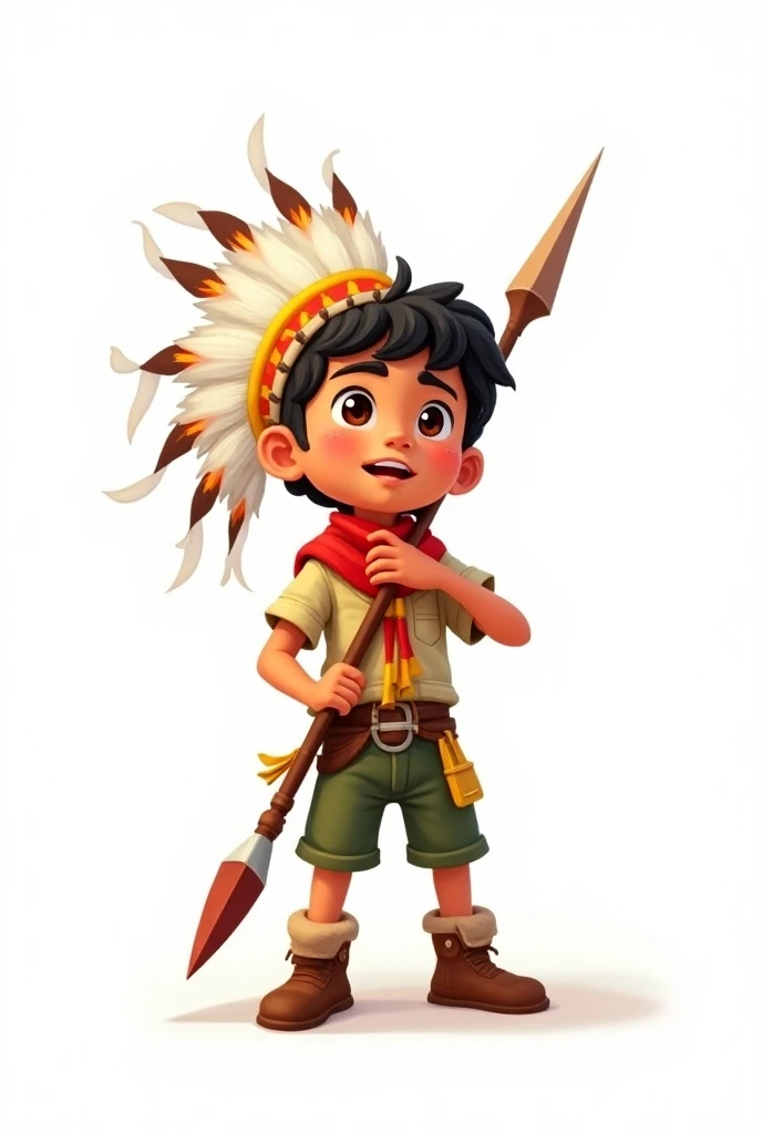 Boy Scout cartoon style Serio Moreno with a hunting spear with a red and yellow scarf with a large headdress on the head of North American Indian tribes white background 