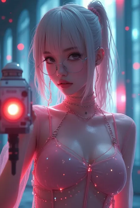 Super realistic and delicate beautiful Japanese girl standing in the background of the palace 、Super realistic and delicate beautiful Japanese girl holding a 、 holding a crystal launcher。 Her hair is wet, white, and pink, and she wears glasses 。 She wears ...