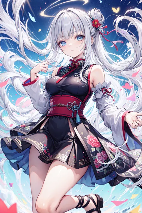 (((Best quality,  high resolution, masterpiece, masterpiece, Best,  high resolution))). A girl, solitary. (((My child is beautiful,  A lovely girl with fine white and silver hair , Short,  slim body , and anime faces))). She is a young girl, About ten year...