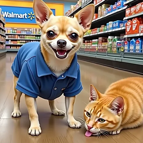 The image shows a angry small chihuahua dog wearing a blue polo shirt in a grocery store. The dog is standing on its hind legs with its front paws on the floor and its head tilted slightly to the side. It has a big smile on its face and is looking directly...