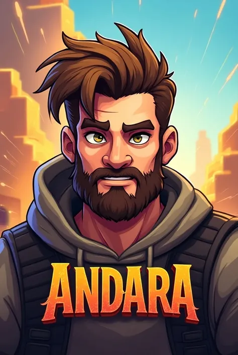 Logo with the name Andara game play with FPS style character with beard and light brown hair cartoon style