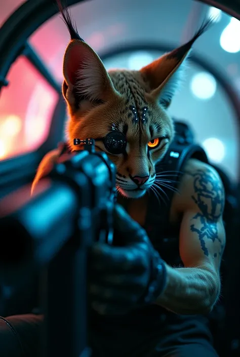 humanoid adult lynx, with cyberpunk ,  aiming with a futuristic machine gun, with eye patch.  inside a warplane .  he is in the cockpit of the warplane. neon.  blurry cyberpunk style background 