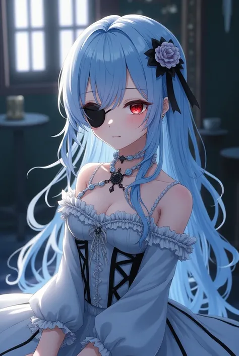 A beautiful blue-white haired girl with red eyes , Victorian era dress in blue with white details with a black patch on the left eye and with a scar in the background a tea room from the ancient noble era anime style 