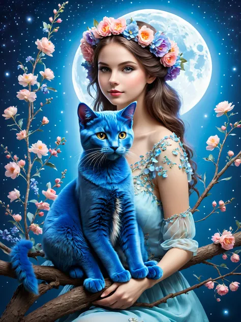 pam-flwr, A cute girl made of flowers sits on a branch，Holding a blue cat，There is a full moon behind，Fresh colors，Soft colors，blur background，Highly detailed，lifelike，Lifelike，Studio Photos，Highly detailed，dynamic，，masterpiece，complex，hdr，Abstract fractal...