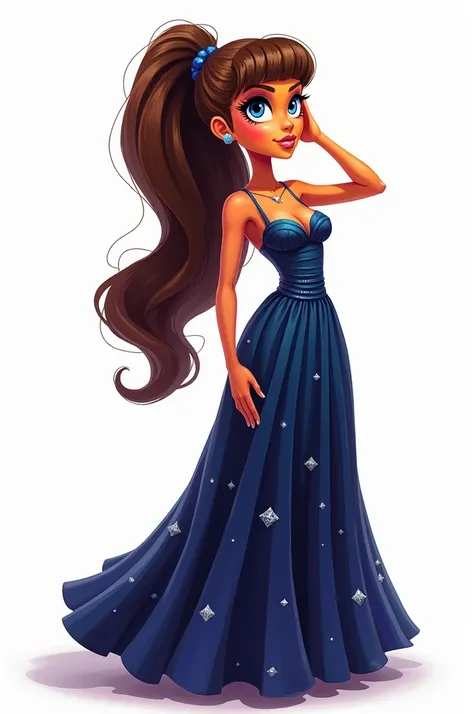  Create a pixard image with white background of a singer with long brown hair in a tail without bangs ,  bratz style black eyes , electric dark blue long dress with flared silver sparkles with pleats , maqueup bratz , yellow skin with a diamond-shaped face...