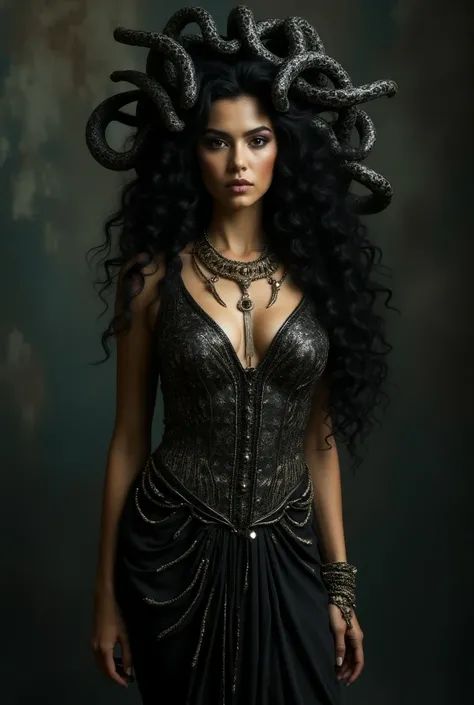 I would like to see a costume of the goddess Medusa on a brunette woman with curly black hair