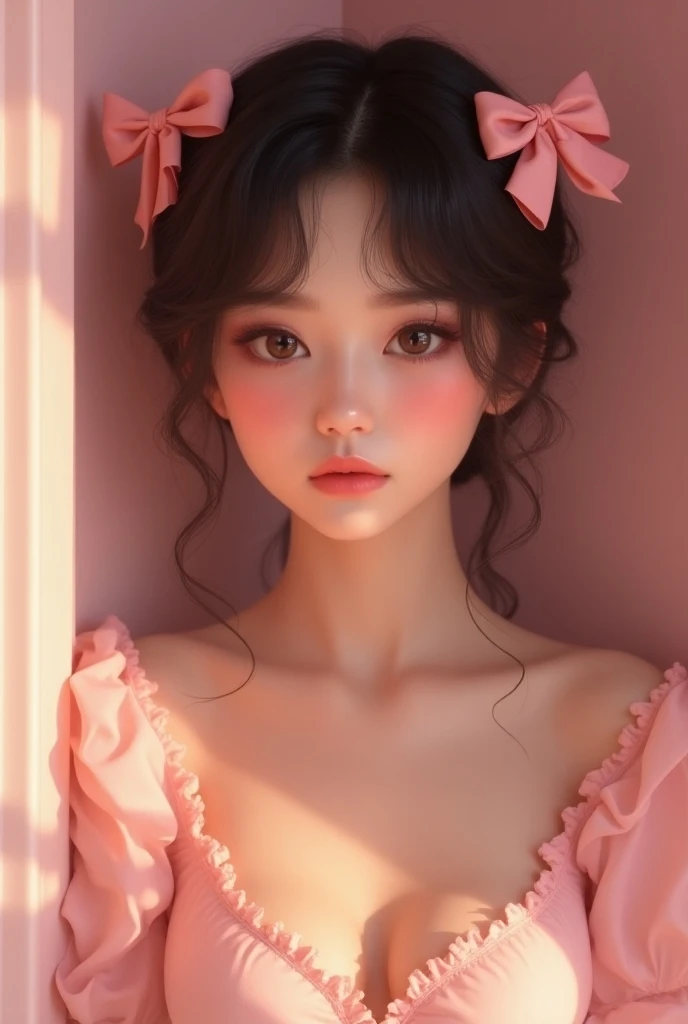 In a quiet room baby pink in the coquette style a beautiful girl with fair skin blouse in the coquette style dark and beautiful loose hair affectionate brown eyes smile and in her hair two little pink baby bows little flirty 