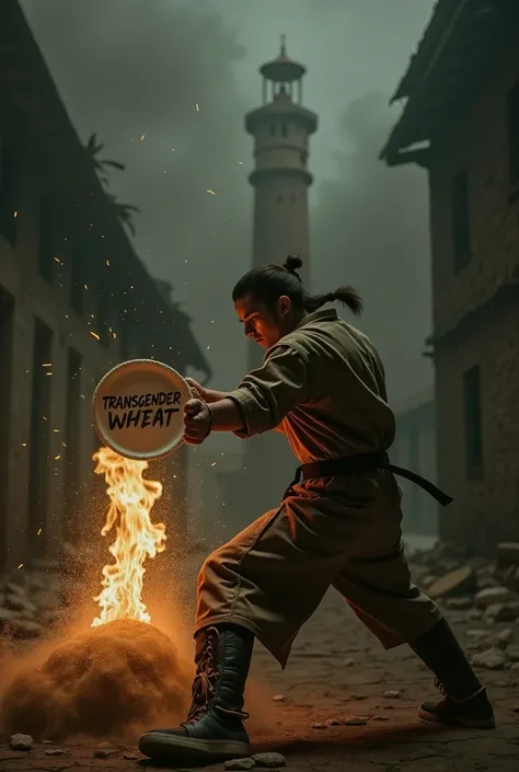  An artisanal baker punching a plate  " transgender wheat "  that breaks due to the impact .  The baker must have a martial arts posture. In the background I want ,  not very clear ,  of a flame and a broken tower . 