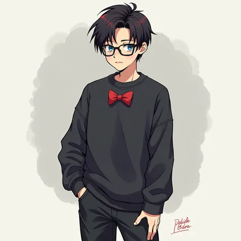 ((drawing)), ((fanart)). 1boy, fair skin, blue eyes, black hair with red highlights, prescription glasses, black sweatshirt with bow, black All Star.