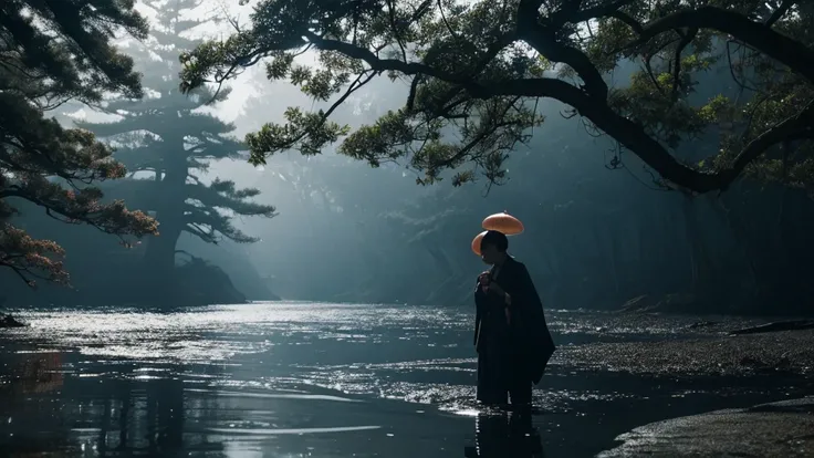 A dark and eerie scene where an old woman in traditional Japanese clothing stands by a misty, shadowy river. A large, glowing peach floats ominously in the water, casting an unnatural light. The woman looks surprised and uneasy. The forest around the river...