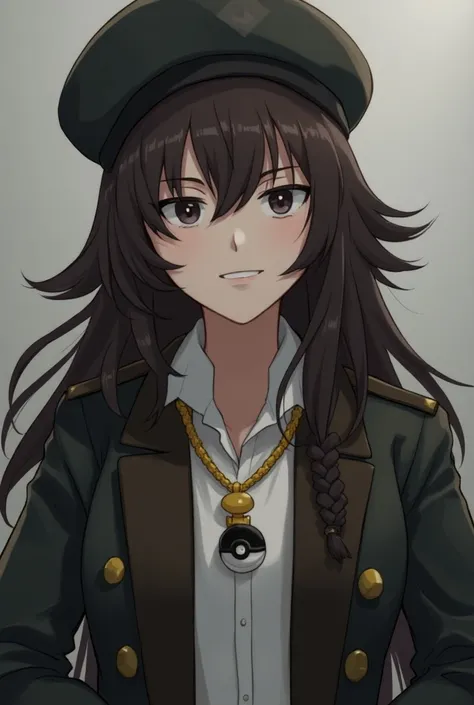  a Pokemon trainer with long dark brown hair, and with a serious and determined eye, with white skin ,wearing a military jacket and a beret ,  with a golden pokebola-shaped necklace 