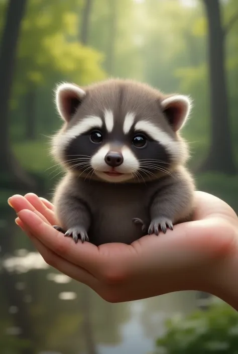 A close up of a very fat little raccoon being gently held by a human hand. He is very small, e fofo. The background is blurred with a forest and a pond behind it.