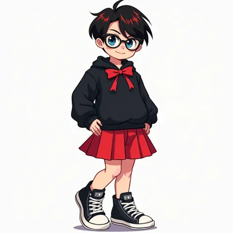 ((drawing)), ((fanart)). 1boy, fair skin, blue eyes, black hair with red highlights, prescription glasses, black sweatshirt with bow, red skirt, black All Star.