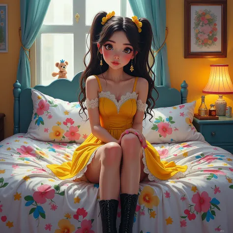 full body image of princess belle girl in pigtails sits on her bed in her room Shes wearing a lacey yellow and white short mini dress wearing black open toe platform high heels She gazes directly at the viewer,   graffiti art, splash art, street art, spray...