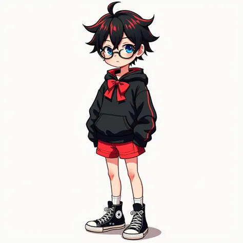 ((drawing)), ((fanart)). 1boy, fair skin, blue eyes, black hair with red highlights, prescription glasses, black sweatshirt with bow, red skirt, black All Star.