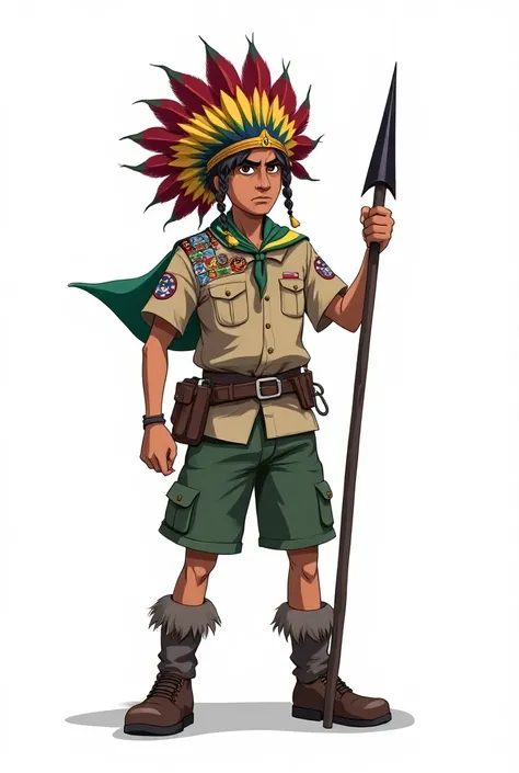 Boy scout filled with badges with the Brazilian flag on his shoulder cartoon style serious black comic book with a hunting spear with a red and yellow scarf with a large headdress on the head of North American indigenous tribes white background 