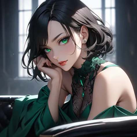 "(((Masterpiece, ultra quality, hyper-detailed, realistic anime style, SDXL, 8K resolution, RTX, perfect pixel, depth of field, cinematic lighting, dynamic shadows, high contrast, highly detailed textures))), 1 woman, a mature and seductive woman sitting w...