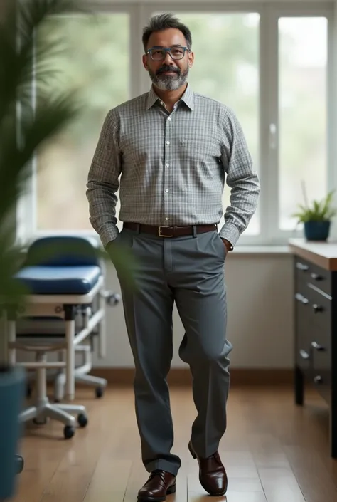 60 year old man, short stature , slender build, dark skin, straight hair, physical therapist, with glasses, Without Beard, Wear gray dress pants with a long sleeve plaid shirt and leather shoes