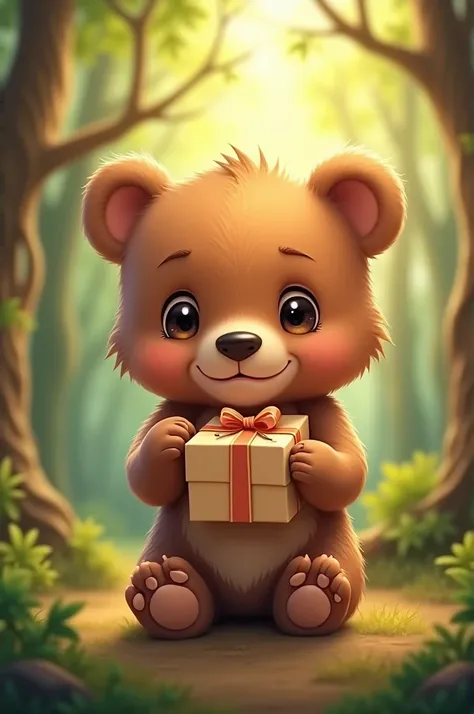 Little baby bear holding a gift in his hand 