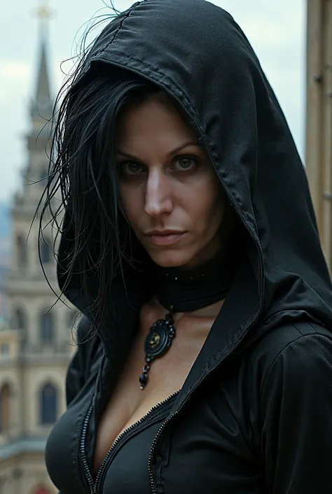 Black messy hair, angry face, dark eyeliner, sith make up, realistic, real life, cinematic, assassins creed, rage, hidden blade, frown face, sexy outfit, hood, hide, vatikan, close up, leap of faith, top of tower