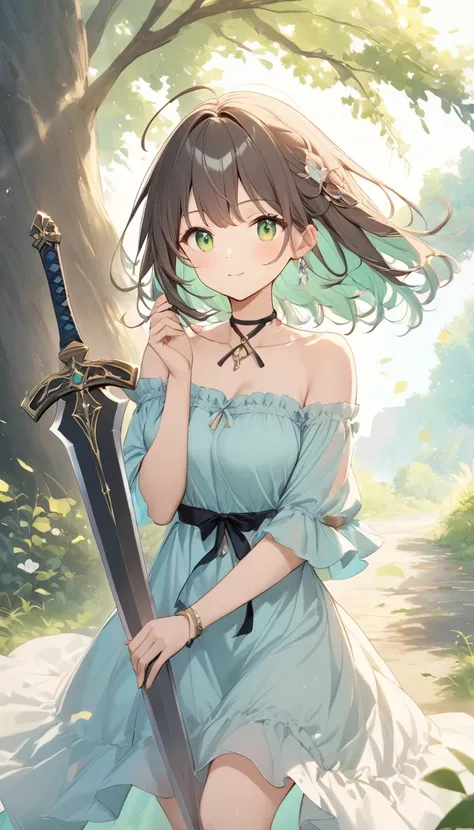   bright lines and soft colors create a dreamy effect., Fleeting Impressions..,One Woman、The Old Tree House   、  A Girl Holds an Iron Sword  、Holding a sword、cute、  fantasy 、  fantasy  皮の鎧、Villager、 sexy、((Poor))、Clothes are tattered 、Clothes light brown 、...