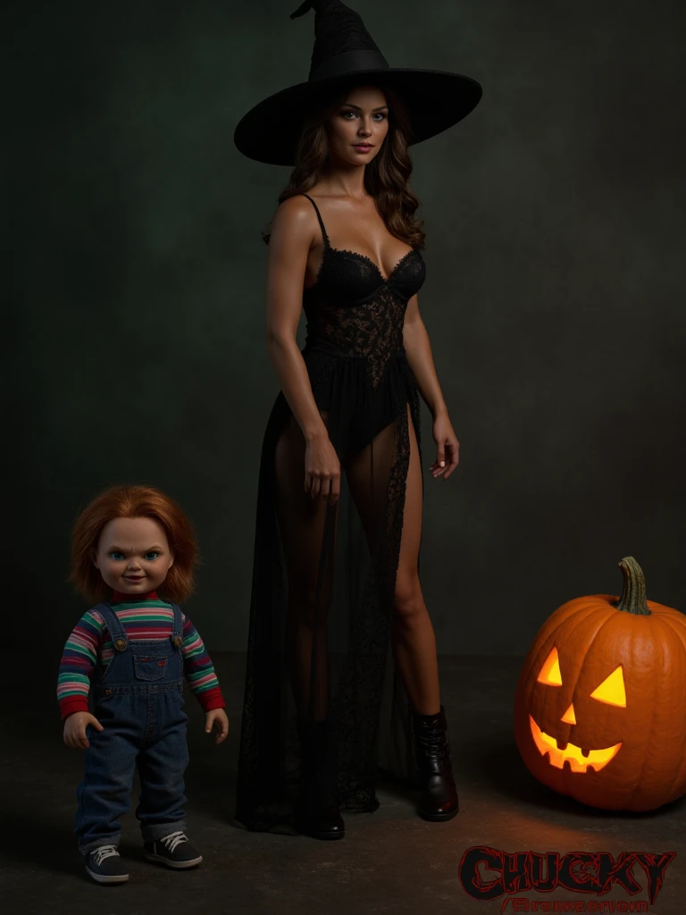 A Halloween scene featuring a woman named Kelly, standing near a carved pumpkin with a spooky expression, lit from within. Kelly has long, wavy dark brown hair, piercing green eyes, brown skin, an athletic body with voluptuous curves, medium breasts and we...