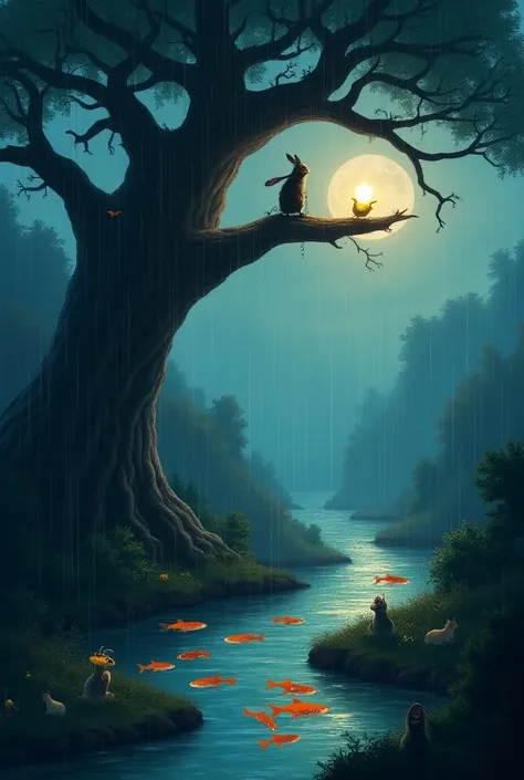 Create an animated image for a fable that has a scene of a giant tree , a river with fish and more animals around it while it rains and clouds cover the moon and a single small and beautiful firefly trying to light up 