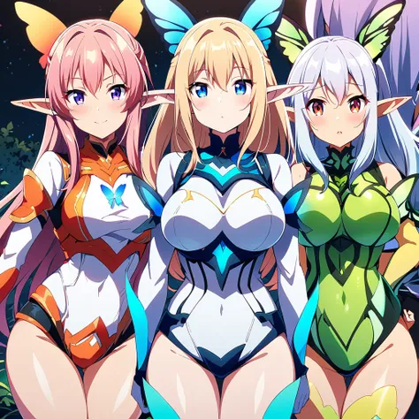 anime, fairy girls, elf's ears, butterfly's wings, body-armor, detailed body-armors, curvy body, multiple girls,  girls surround...