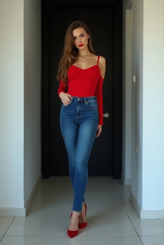 Photo dune jeune femme de 1m60 taille 36 poitrine 95 B en jean skinny bleu clair avec un top rouge et une paire de talon aiguille rouge se tenant debout dans une pièce au mur blanc et dune porte noire en arrière plan, elle fixe lobjectif avec une posture s...