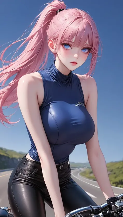 masterpiece,  High Resolution ,  anatomically correct, 最high quality,  High Details ,  high definition models,  very detailed , high quality,  ultra-fine,  textured skin, Realistic Skin, pink hair, very long hair, ponytail,  bangs to hide one eye , Slanted...