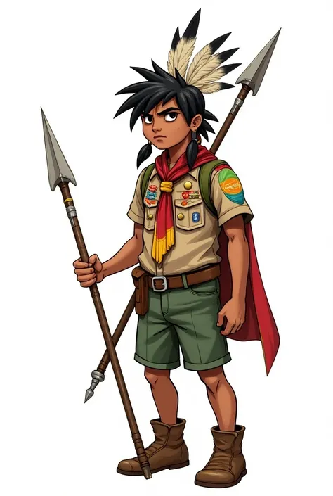 Boy scout between 17 and 18 years old filled with badges with the Brazilian flag on the right shoulder in the comic book style , serious black-colored with a hunting spear full of feathers on the tip the red and yellow scarf with a large headdress on the h...