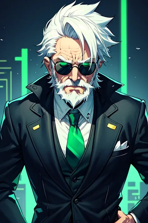  an elderly man in anime style , Cyberpunk cyberpunk face, extremely short white hair combed back, small white beard , Simple Glasses,  black suit with green tie ,  the background being a dark office room, The outfit being an overcoat with neon green