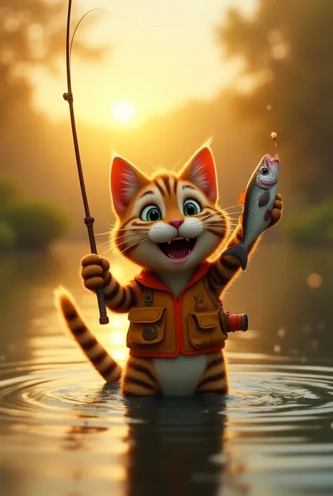   fish with a cute tiger cat in a fishing vest ,  the cats eyes are wide open with excitement  .  The cat has a fishing rod 、 with a lure Ive just caught fish .  the cats eyes are wide open with excitement ,  the tail is trembling with anticipation . The r...