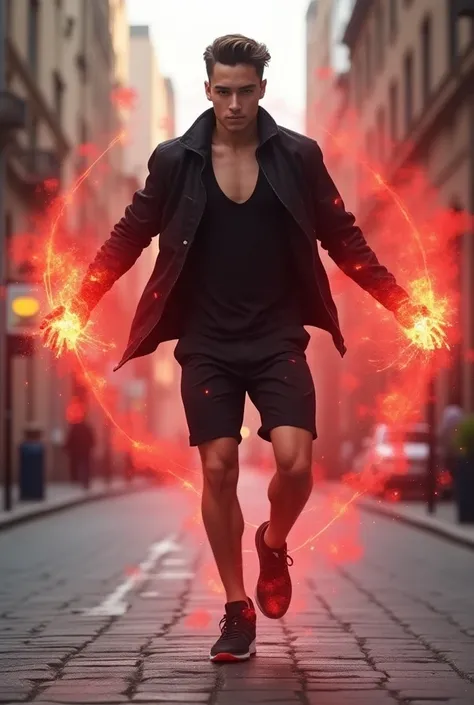 Handsome young man with light brown white skin with crimson magic wearing a black jacket over his sleeveless shirt with tight little shorts and sports shoes flying in the streets 