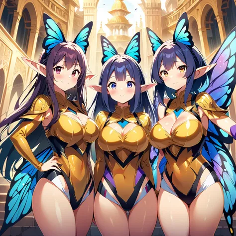 anime, fairy girls, elf's ears, butterfly's wings, body-armor, detailed body-armors, curvy body, multiple girls,  girls surround...