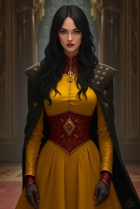  Create a Baratheon woman with yellow clothes, Red and black and long black hair