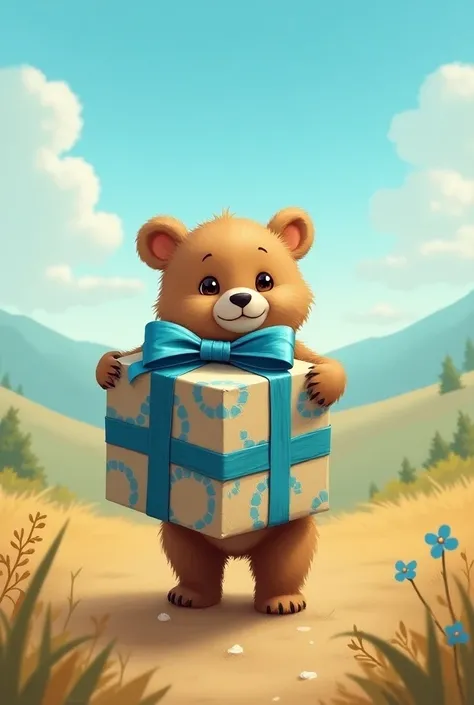 Baby bear with blue details holding a large gift in his hand 