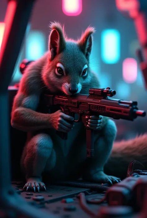 adult male squirrel humanoid, with cyberpunk ,  aiming with a futuristic machine gun. inside a war tank .  he is sitting inside the war tank. neon.  blurry cyberpunk style background 