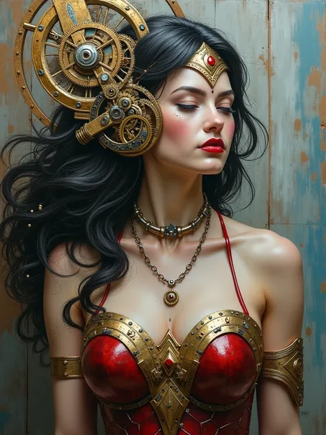 Cyberpunk Clockwork Automaton of Wonder Woman, porcelain face, porcelain skin, clockwork gear mechanism, realistic oil on canvas painting with strong influence of Don Lawrence style