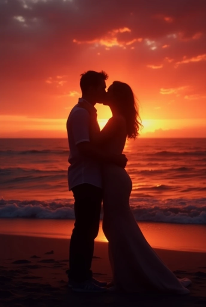 The shadow of a couple kissing on a deserted beach with sunsets surrounding them from behind 