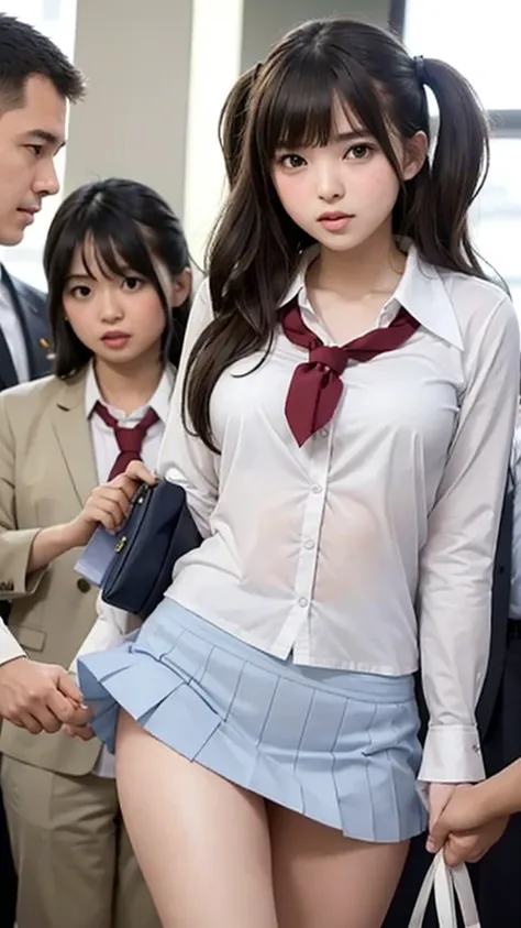  beautiful female students with a clean, baby-faced beautiful female student passing by in front of a horny male student who had been ambushed , Male students enjoy the reaction of female students who are embarrassed when their girls' school uniforms are peeled off and their panties are in full view、Female students who are staring at their panties by viewers and they open their mouths and scream , Panic is incited by male students , Princess cut:1.3, Vivid and realistic, I was surprised by the lewd gazes of the viewers., blush, Distorted Eyes,  super high definition,  beautiful legs, Clear white skin, Slender body,  Japanese,  anatomically correct