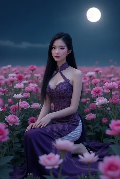  Photorealistic shiny full body photo Chinese girl  wearing Thai dress, dark purple, white, black high heels, sitting in the middle of the flower field under the moonlight