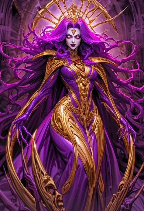 Before her resurrection, Rita Repulsa appears as a woman with a human appearance, but with pale skin and dark, disheveled hair. Her eyes are red and glowing, and she wears a purple and gold dress with skull details. She also wears a gold tiara on her foreh...