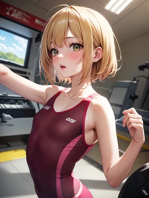 after exercise, tight sportswear, transparent nipples , short hair,Small breasts, A CUP Breasts,Nearly flat chest,ecstatically distorted expression, beautiful and neat face, High Resolution , masterpiece,  anatomically correct, 最高quality,  high definition ...