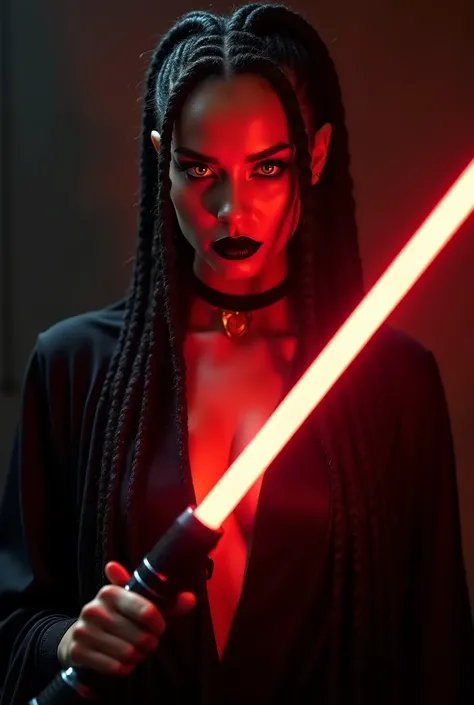 professional photo, Smartphone wallpapper, anime, beautiful detailed woman with long dreadlocks wearing a black robe, black makeup, black lipstick, dark lighting,glowing red lightsaber,only light is from glowing lightsaber,illuminated face and cleavage fro...