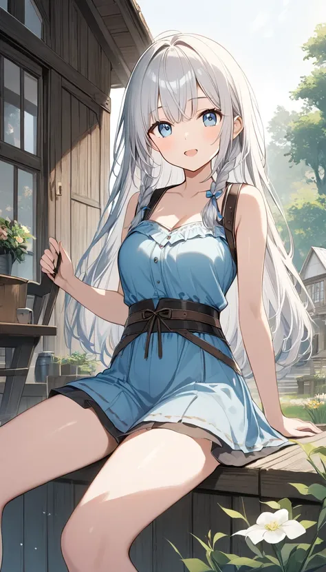 Girl、White Toso 、Led,Long Hair、Beautiful Hair、 long hair、Partial braids、 he stares at me with a strange expression.cute、Blue Eyes、12 Talents、village人、 shy frontal、fantasy rustic clothes、Silver-white hair、village、Wooden House、(((tits)))、sexy、((Poor))、((Brea...