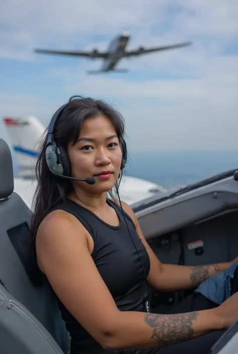 athletic beautiful mid thirties asian female wearing tank top piloting small aircraft. thick upper arms. Headset. Tattoos on upper arms. photograph