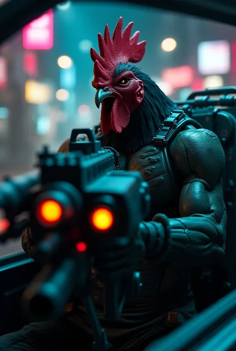 Humanoid adult male rooster is enraged, with cyberpunk ,  aiming with a futuristic machine gun. inside a war tank .  he is sitting inside the war tank. neon.  blurry cyberpunk style background 