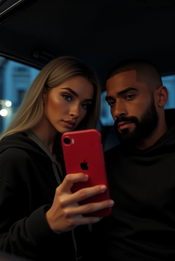 CENARIO PORTUGAL LISBOA casal, uma mão feminina com umas vermelha segurando um iphone 15  tirando selfi dentro do uber, Rome Flynn, buzz cut fade, large black beard, chocolate skin tone, strong and striking appearance, strong jaw and chin, tattooed. ao lad...