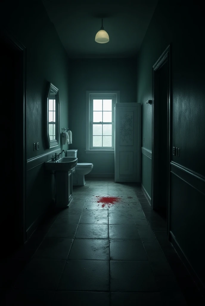 It generates a dark bathroom ,  the bathroom has a long corridor and there is a red spot on the floor,  dark lighting, At the end of the corridor there is a large window,  to the right of the corridor there is a toilet cubicle, To the left of the corridor ...